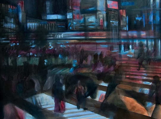 Original oil painting on linen canvas that shows people hurrying in the middle of the crowd.