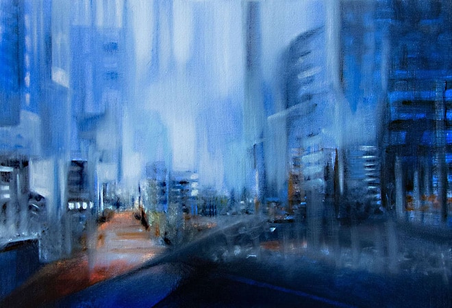 Original painting depicting blue buildings and skylines in a city in the future
