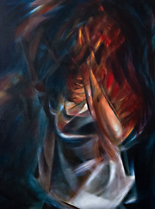 A distressed woman is featured in this original oil painting. The background is black and petite
