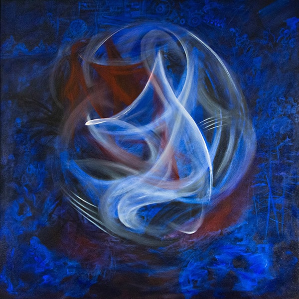 Square oil painting on linen canvas that shows a head on a blue background.
