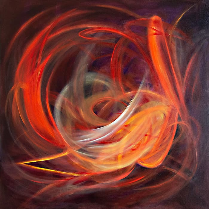 Square oil painting on linen canvas that shows an explosion of colorful red lines 
