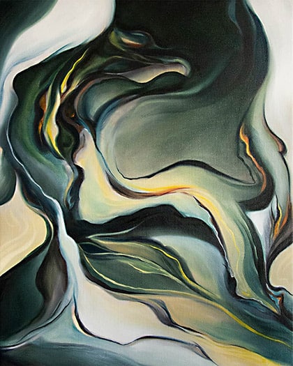 Original oil painting on linen canvas showing a green and black abstraction that remembers on harmony with the nature.
