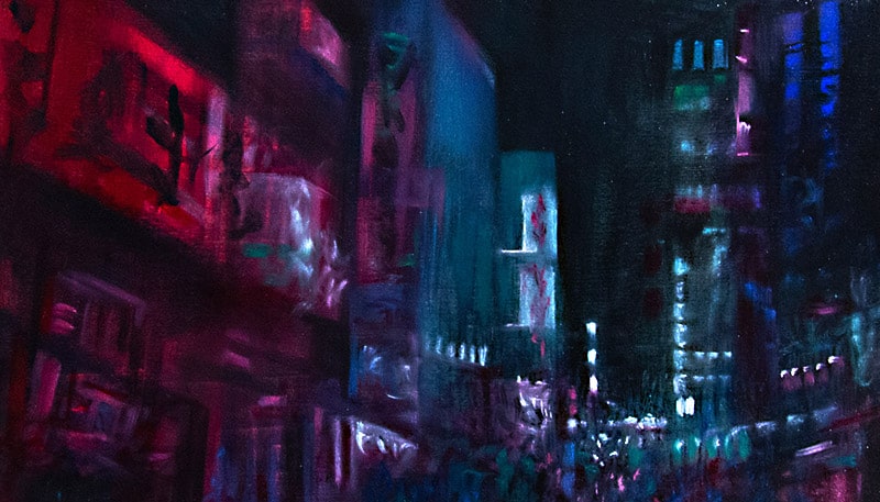 The original painting depicts a Japanese city at night with a cozy atmosphere created by red and blue lights

