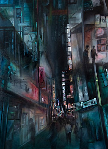 large oil painting that shows people walking on the dark green background at the evening in the city with Japanese lights. 