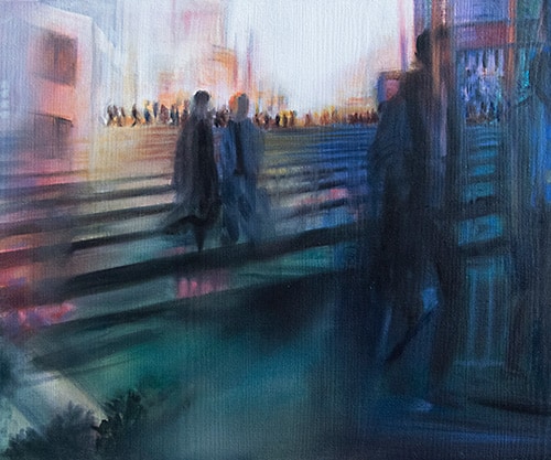 The original painting shows two men walking backwards towards timelines with a crowd in the background